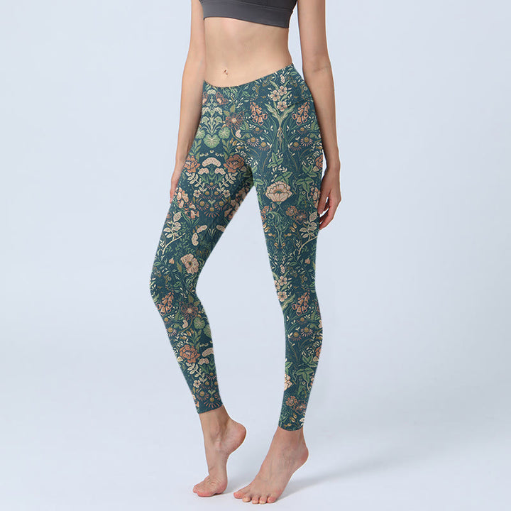 Buddha Stones Grüne Nähte Blumen Ranken Musterdruck Gym Leggings Damen Yogahose