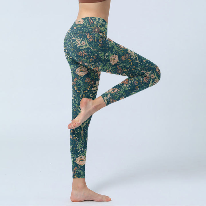 Buddha Stones Grüne Nähte Blumen Ranken Musterdruck Gym Leggings Damen Yogahose