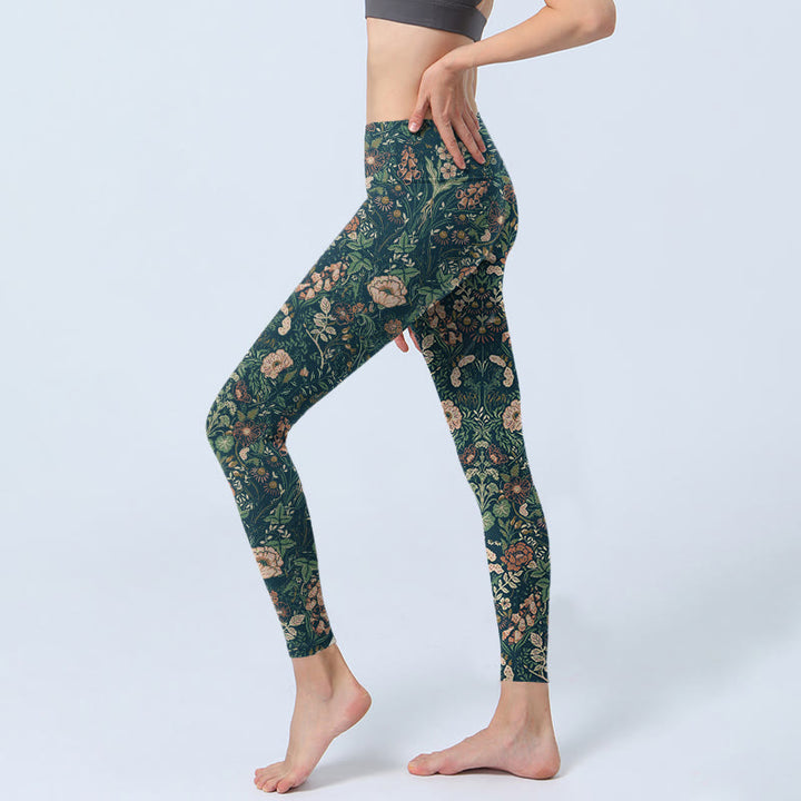 Buddha Stones Grüne Nähte Blumen Ranken Musterdruck Gym Leggings Damen Yogahose