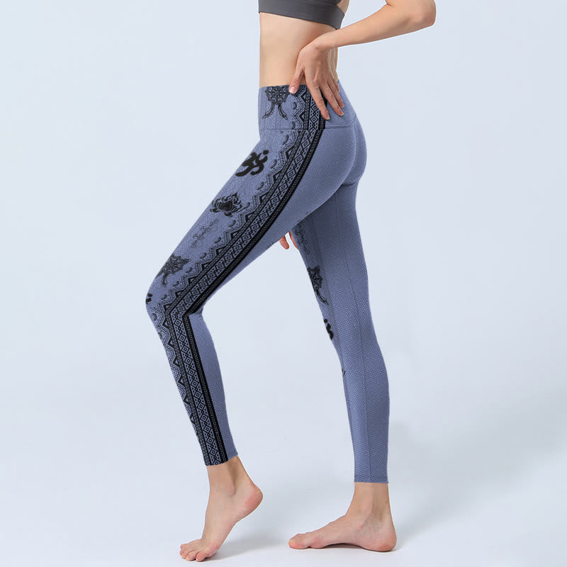 Buddha Stones, blaue Nähte, Sanskrit-Wort „Om“, Lotus-Musterdruck, Gym-Leggings für Damen, Yoga-Hose - image 3