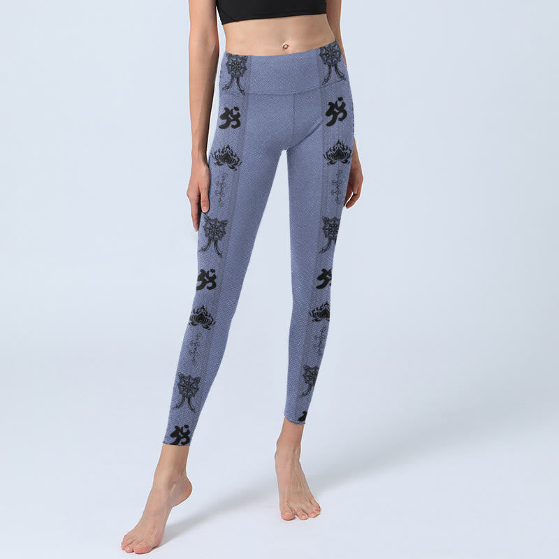 Buddha Stones, blaue Nähte, Sanskrit-Wort „Om“, Lotus-Musterdruck, Gym-Leggings für Damen, Yoga-Hose - image 5