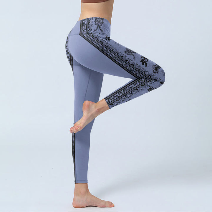 Buddha Stones, blaue Nähte, Sanskrit-Wort „Om“, Lotus-Musterdruck, Gym-Leggings für Damen, Yoga-Hose - image 4