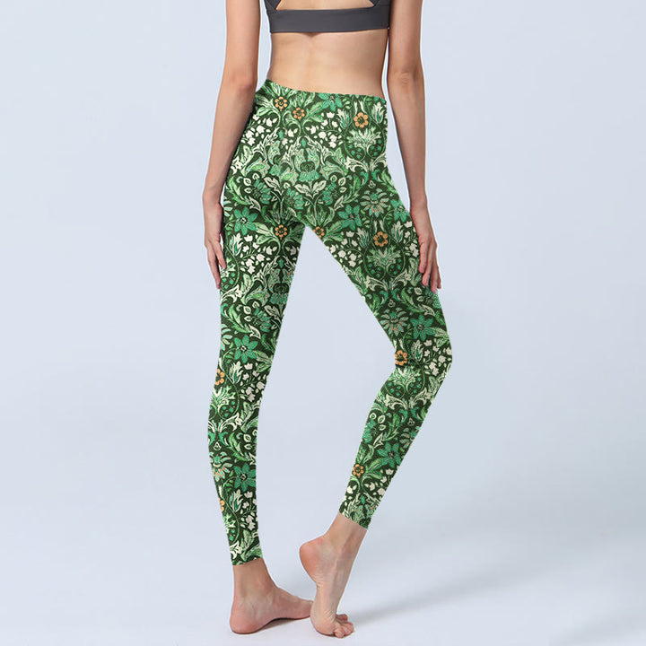 Buddha Stones Grüne Nähte Symmetrisches Blumenblattmuster Druck Gym Leggings Damen Yogahose - image 5