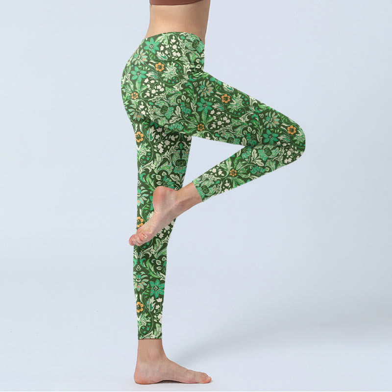 Buddha Stones Grüne Nähte Symmetrisches Blumenblattmuster Druck Gym Leggings Damen Yogahose - image 3