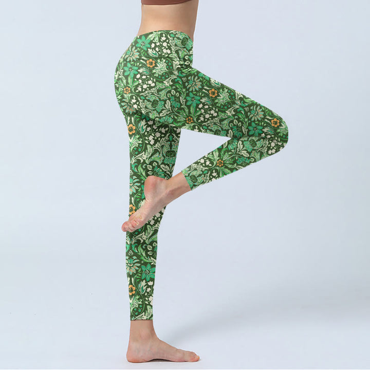 Buddha Stones Grüne Nähte Symmetrisches Blumenblattmuster Druck Gym Leggings Damen Yogahose - image 3