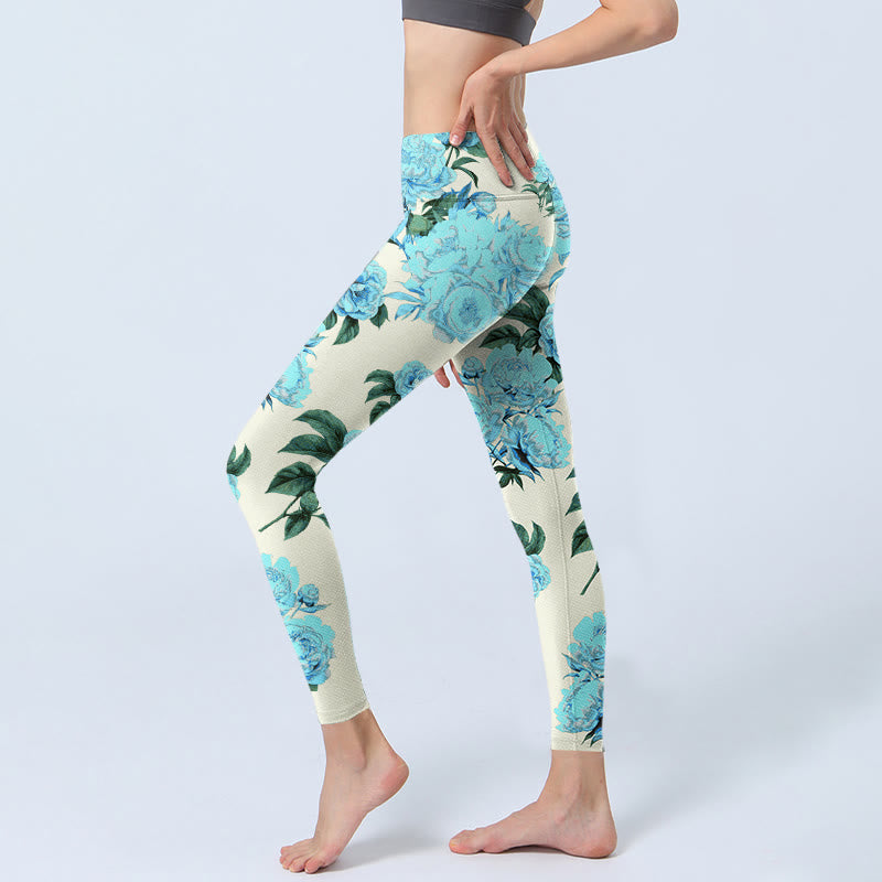 Buddha Stones Weiße Nähte Pfingstrosen Blumen Blätter Musterdruck Gym Leggings Damen Yogahose - image 3