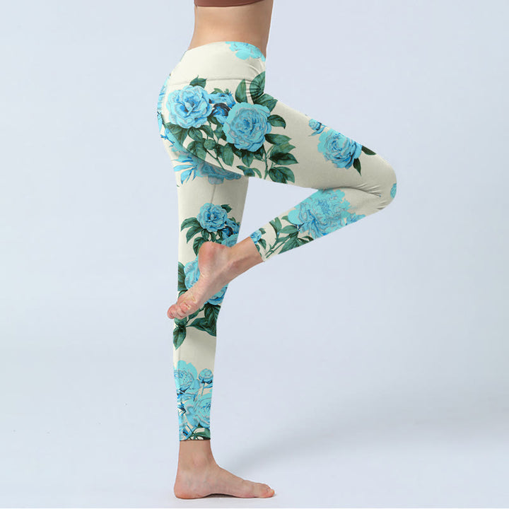 Buddha Stones Weiße Nähte Pfingstrosen Blumen Blätter Musterdruck Gym Leggings Damen Yogahose - image 5