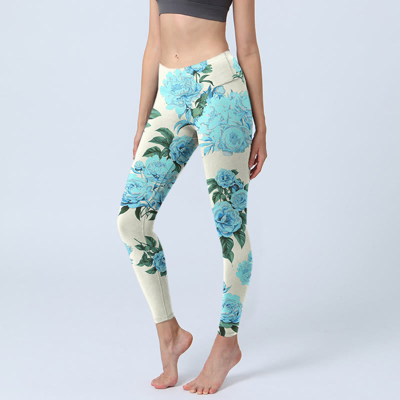 Buddha Stones Weiße Nähte Pfingstrosen Blumen Blätter Musterdruck Gym Leggings Damen Yogahose - Elfenbein - US18, UK/AU22, EU50 (4XL) - image 0