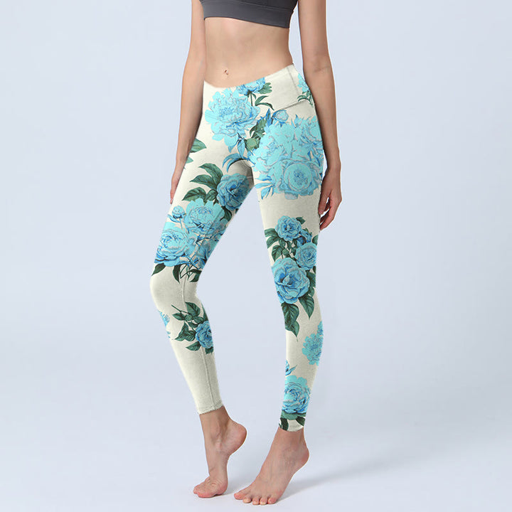 Buddha Stones Weiße Nähte Pfingstrosen Blumen Blätter Musterdruck Gym Leggings Damen Yogahose - Elfenbein - US18, UK/AU22, EU50 (4XL) - image 0