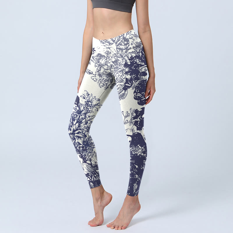 Buddha Stones, weiße Nähte, Blumen, Blätter, Vögel, Schmetterlinge, Musterdruck, Gym-Leggings für Damen, Yoga-Hose - MintCreme - US18， UK/AU22，EU50 (4XL) - image 1
