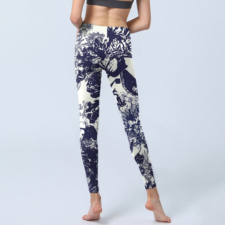 Buddha Stones, weiße Nähte, Blumen, Blätter, Vögel, Schmetterlinge, Musterdruck, Gym-Leggings für Damen, Yoga-Hose - image 7