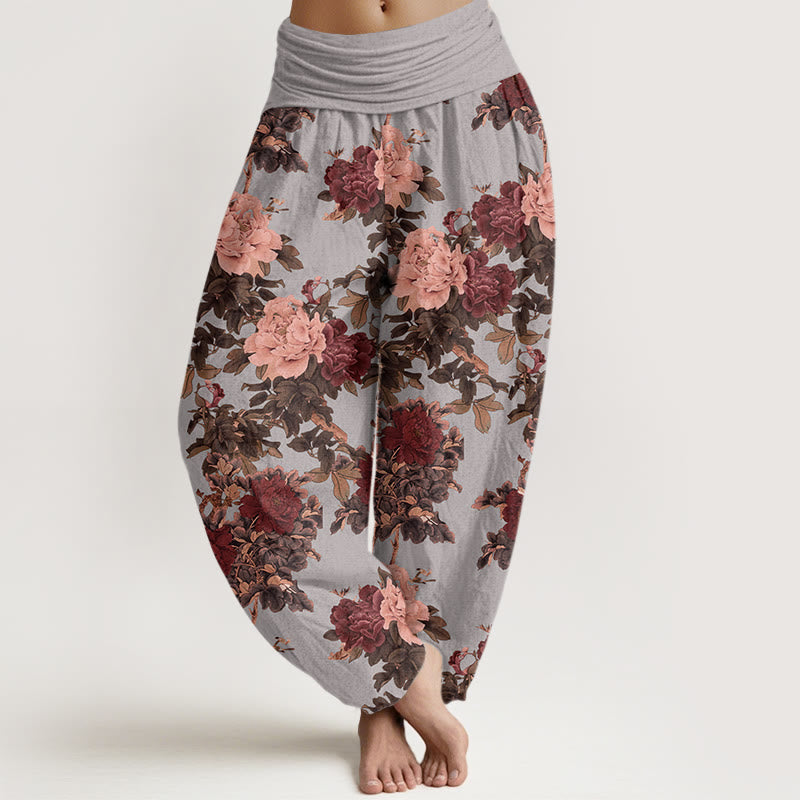 Lässige Haremshose aus Baumwolle mit üppigem Pfingstrosen- und Blättermuster (Buddha Stones) für Damen mit elastischem Bund - Hellstahlblau - US22, UK/AU26, EU54 (6XL) - image 4