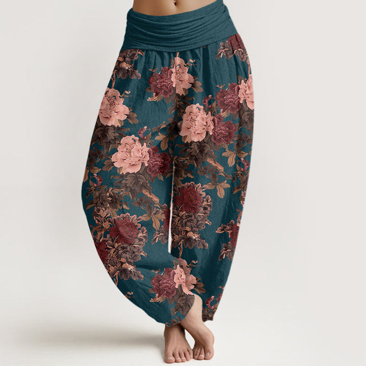 Buddha Stones Lässige Haremshose mit üppigem Pfingstrosen-Blumen-Blattmuster für Damen, elastische Taille - Stahlblau - US22， UK/AU26，EU54 (6XL) - image 8