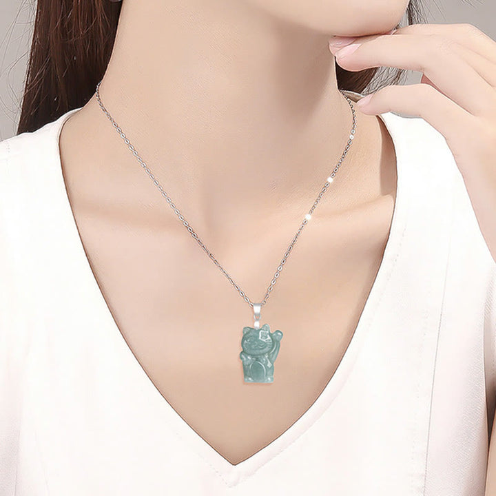 Buddha Stones , natürlicher Jade-Anhänger mit Glückskatzenmotiv, Titanstahl-Anhänger - image 7