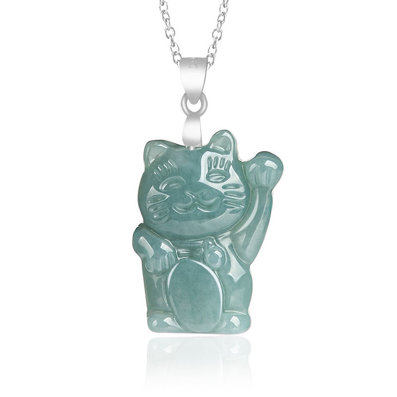 Buddha Stones 925 Sterling Silber Natur Jade Glückskatze Fülle Halskette Anhänger - Jade - image 1