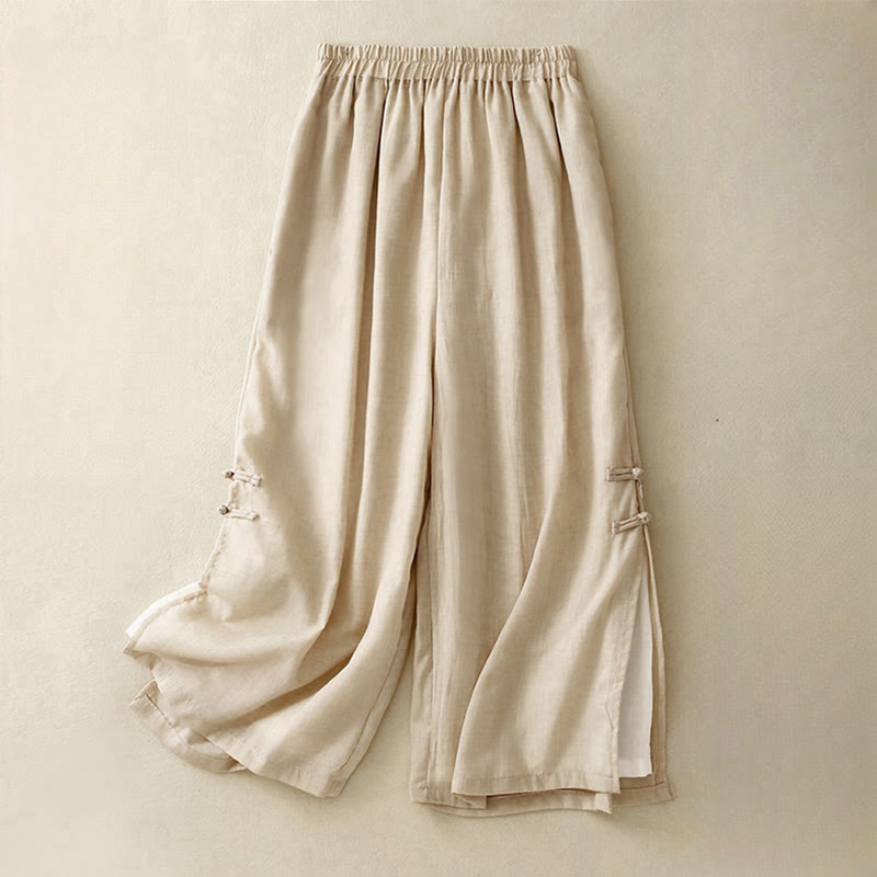 Buddha Stones Lässige, einfarbige Hose mit chinesischem Froschknopf aus Baumwolle und Leinen für Damen mit weitem Bein - ZitroneChiffon - US8-10， UK/AU12-14，EU40-42 (2XL) - image 10