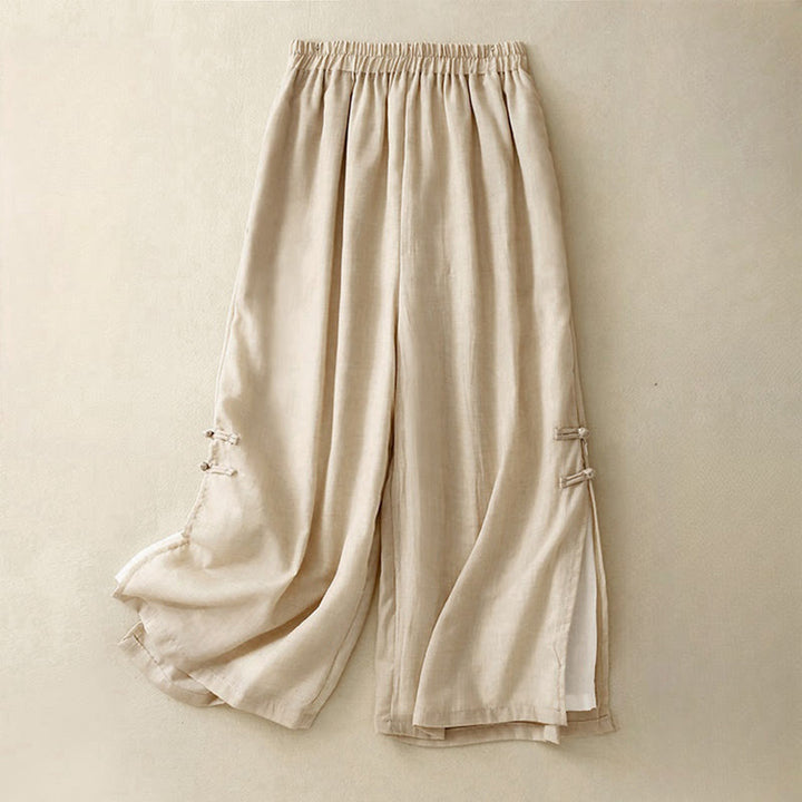 Buddha Stones Lässige, einfarbige Hose mit chinesischem Froschknopf aus Baumwolle und Leinen für Damen mit weitem Bein - ZitroneChiffon - US8-10， UK/AU12-14，EU40-42 (2XL) - image 10