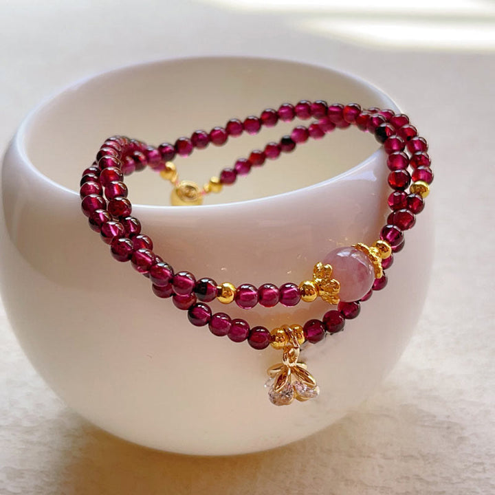 Buddha Stones Armband mit natürlichem Blumengranat und rosa Kristall, ruhig, doppelt gewickelt