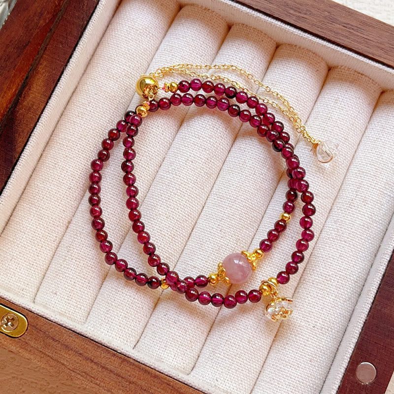 Buddha Stones Armband mit natürlichem Blumengranat und rosa Kristall, ruhig, doppelt gewickelt