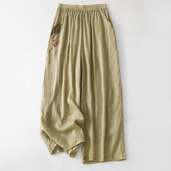 Buddha Stones Sommer-Stickerei Doppellagige Baumwoll-Leinen-Hose mit weitem Bein für Damen mit Taschen