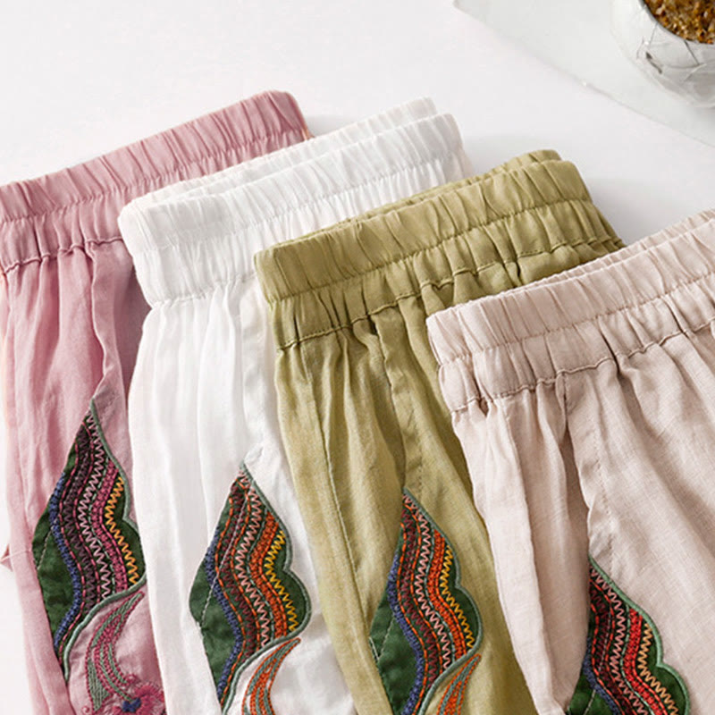 Buddha Stones Sommer-Stickerei Doppellagige Baumwoll-Leinen-Hose mit weitem Bein für Damen mit Taschen