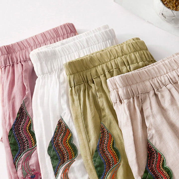Buddha Stones Sommer-Stickerei Doppellagige Baumwoll-Leinen-Hose mit weitem Bein für Damen mit Taschen