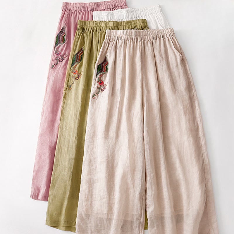 Buddha Stones Sommer-Stickerei Doppellagige Baumwoll-Leinen-Hose mit weitem Bein für Damen mit Taschen
