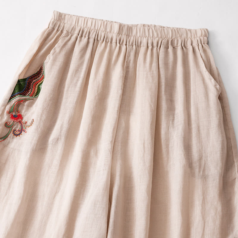 Buddha Stones Sommer-Stickerei Doppellagige Baumwoll-Leinen-Hose mit weitem Bein für Damen mit Taschen
