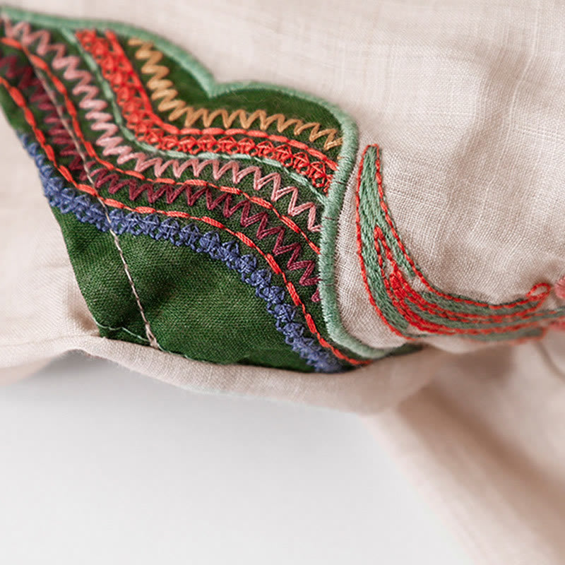 Buddha Stones Sommer-Stickerei Doppellagige Baumwoll-Leinen-Hose mit weitem Bein für Damen mit Taschen