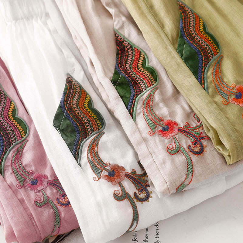 Buddha Stones Sommer-Stickerei Doppellagige Baumwoll-Leinen-Hose mit weitem Bein für Damen mit Taschen