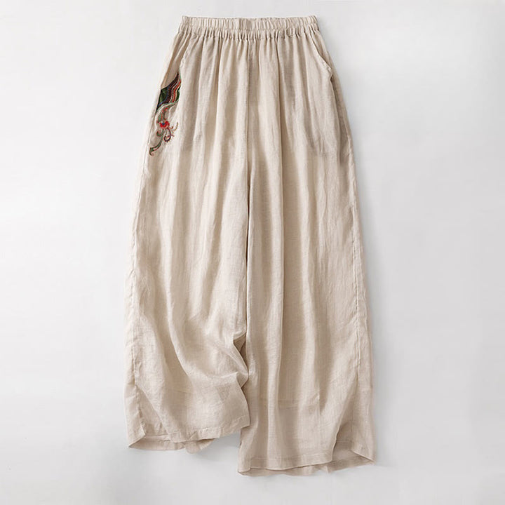 Buddha Stones Sommer-Stickerei Doppellagige Baumwoll-Leinen-Hose mit weitem Bein für Damen mit Taschen