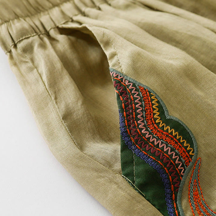 Buddha Stones Sommer-Stickerei Doppellagige Baumwoll-Leinen-Hose mit weitem Bein für Damen mit Taschen