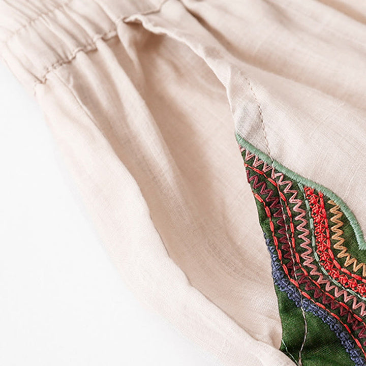 Buddha Stones Sommer-Stickerei Doppellagige Baumwoll-Leinen-Hose mit weitem Bein für Damen mit Taschen
