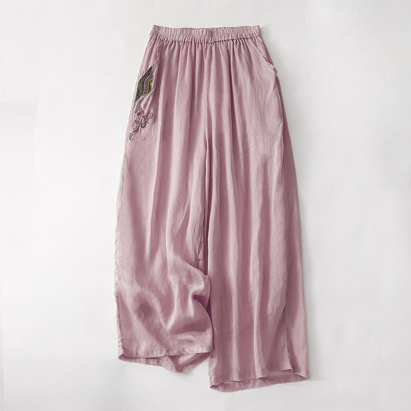 Buddha Stones Sommer-Stickerei Doppellagige Baumwoll-Leinen-Hose mit weitem Bein für Damen mit Taschen