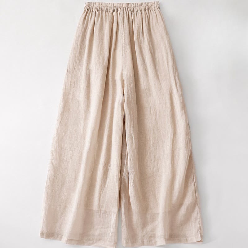 Buddha Stones Sommer-Stickerei Doppellagige Baumwoll-Leinen-Hose mit weitem Bein für Damen mit Taschen