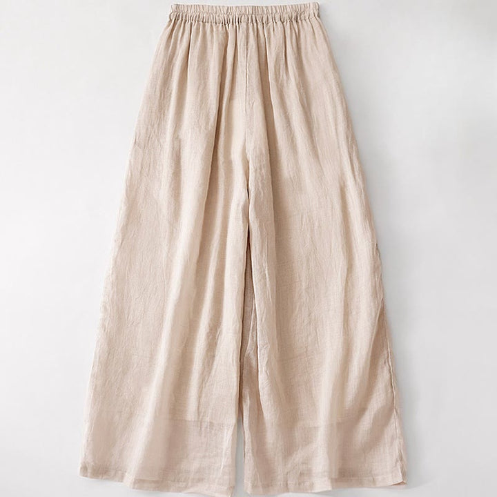 Buddha Stones Sommer-Stickerei Doppellagige Baumwoll-Leinen-Hose mit weitem Bein für Damen mit Taschen