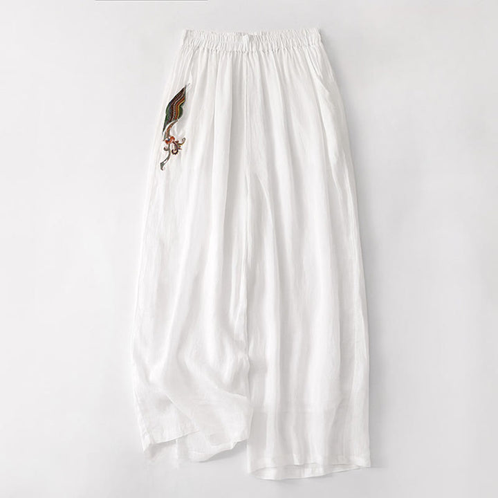 Buddha Stones Sommer-Stickerei Doppellagige Baumwoll-Leinen-Hose mit weitem Bein für Damen mit Taschen