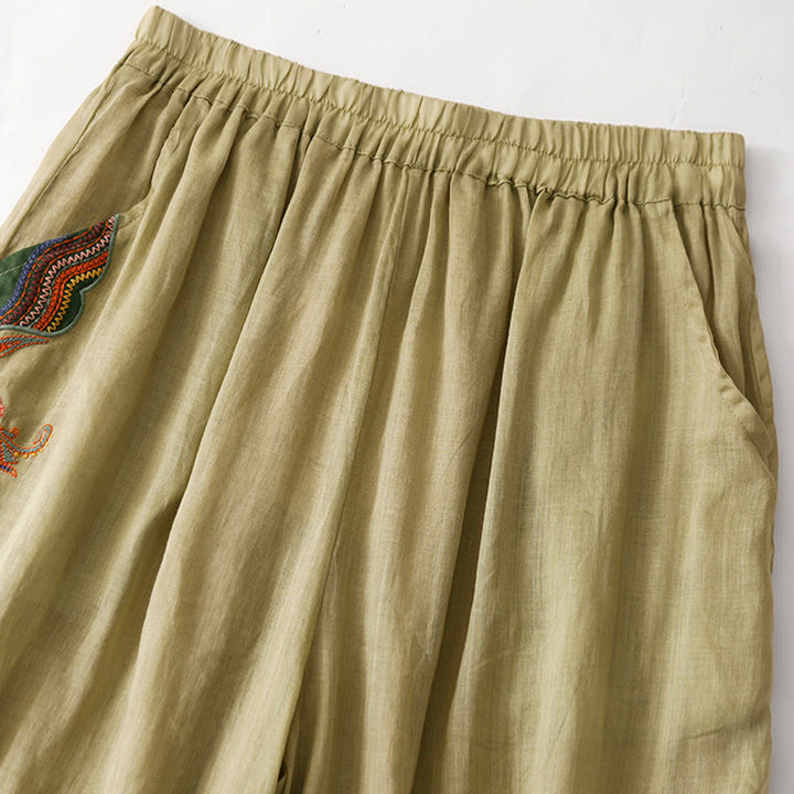 Buddha Stones Sommer-Stickerei Doppellagige Baumwoll-Leinen-Hose mit weitem Bein für Damen mit Taschen