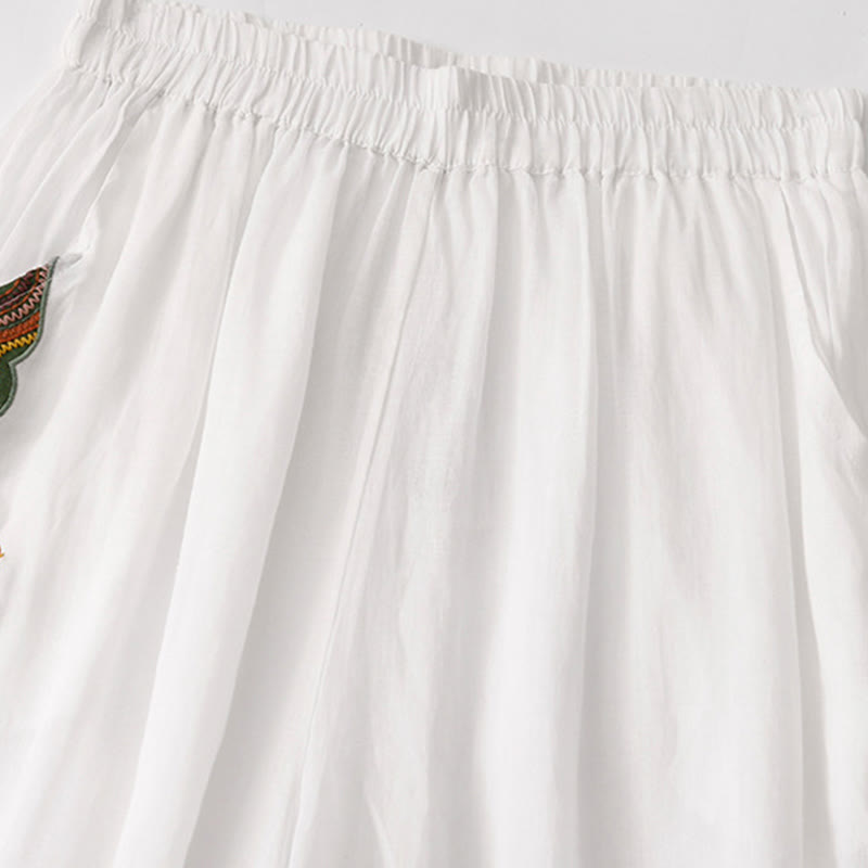Buddha Stones Sommer-Stickerei Doppellagige Baumwoll-Leinen-Hose mit weitem Bein für Damen mit Taschen