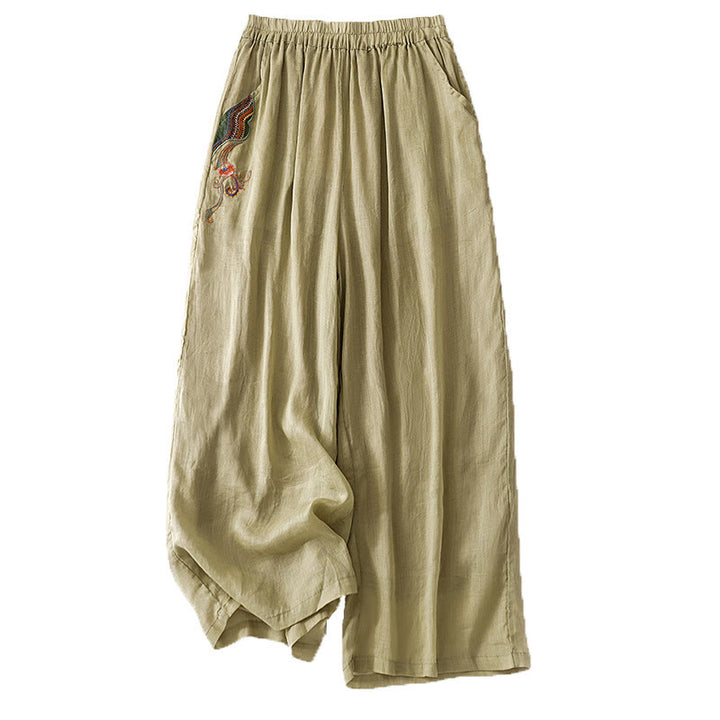 Buddha Stones Sommer-Stickerei Doppellagige Baumwoll-Leinen-Hose mit weitem Bein für Damen mit Taschen