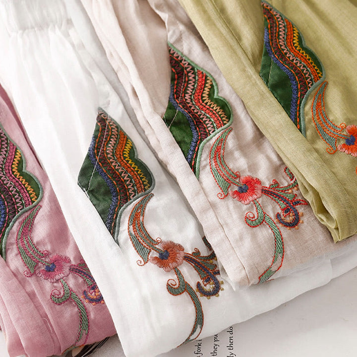 Buddha Stones Sommer-Stickerei Doppellagige Baumwoll-Leinen-Hose mit weitem Bein für Damen mit Taschen - image 32