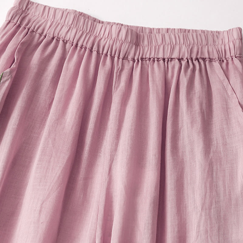 Buddha Stones Sommer-Stickerei Doppellagige Baumwoll-Leinen-Hose mit weitem Bein für Damen mit Taschen