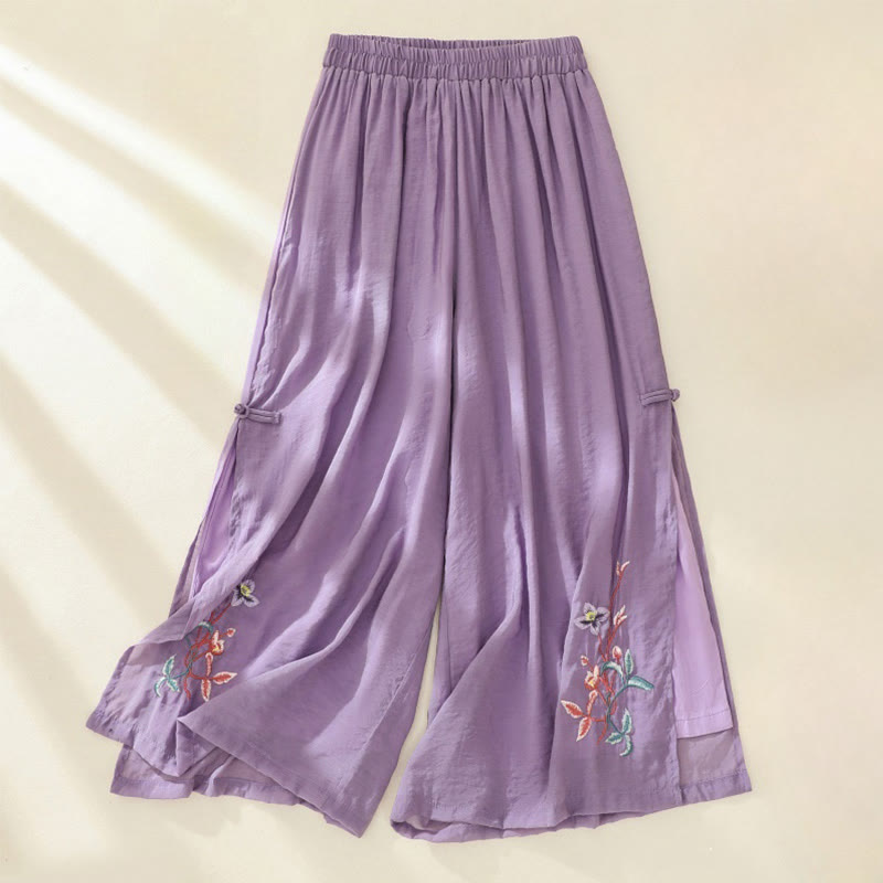 Buddha Stones Künstlerische Stickerei Blume Doppellagig Chinesischer Frosch Knopf Geteilte Baumwolle Leinen Damenhose mit weitem Bein - Mittelgroße Orchidee - US 8-10, UK/AU 12-14, EU 40-42 (2XL) - image 10
