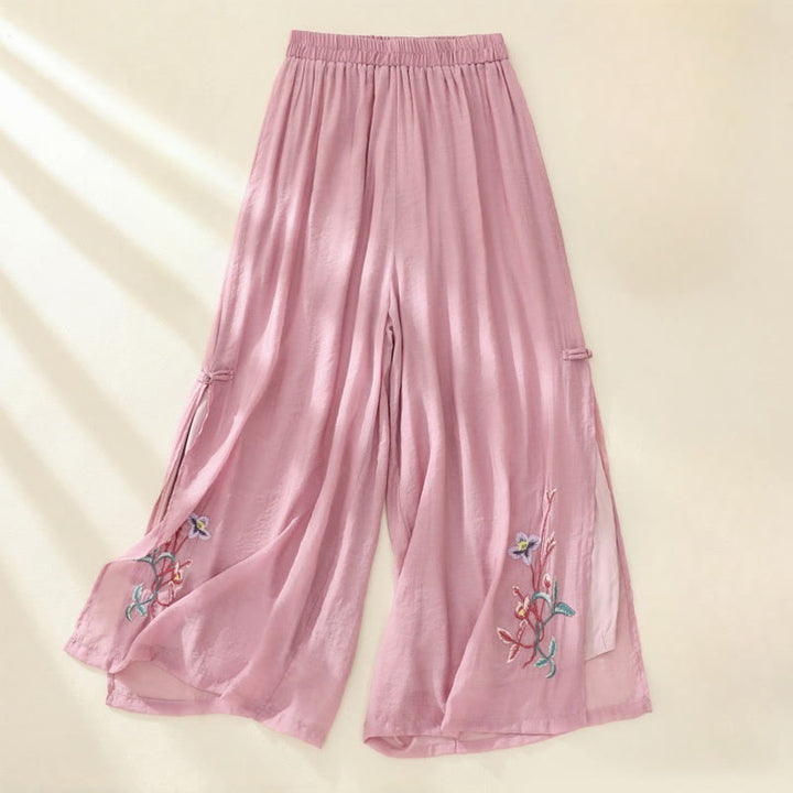 Buddha Stones Künstlerische Stickerei Blume Doppellagig Chinesischer Frosch Knopf Geteilte Baumwolle Leinen Damenhose mit weitem Bein - Blassviolettrot - US 8-10, UK/AU 12-14, EU 40-42 (2XL) - image 0