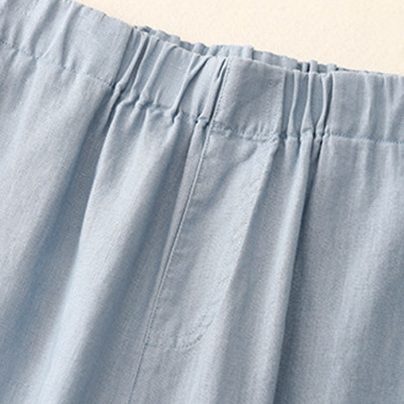Buddha Stones Wild Plain Damenhose aus Baumwollleinen mit weitem Bein und Taschen