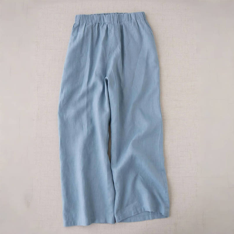 Buddha Stones Wild Plain Damenhose aus Baumwollleinen mit weitem Bein und Taschen