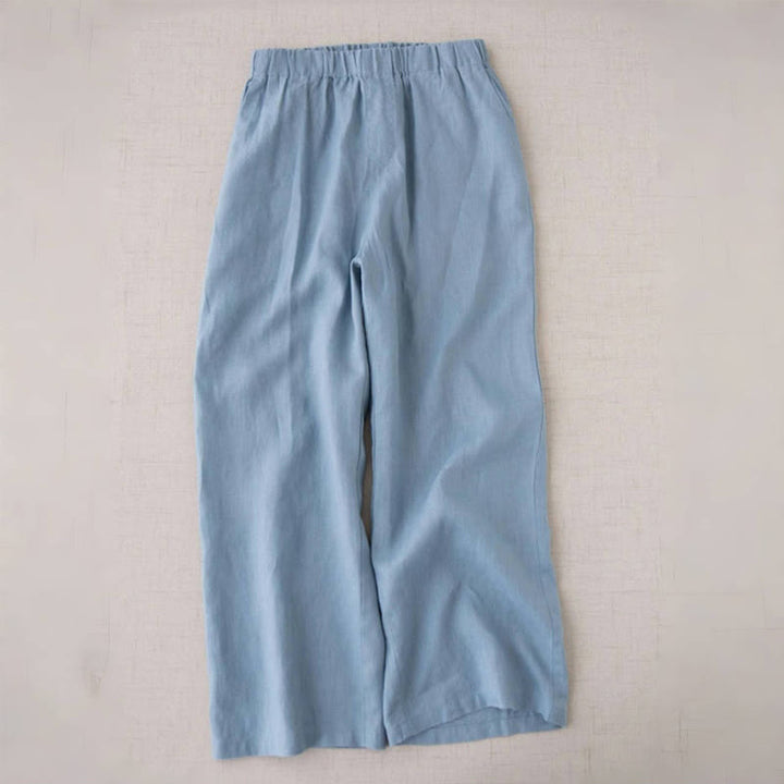 Buddha Stones Wild Plain Damenhose aus Baumwollleinen mit weitem Bein und Taschen