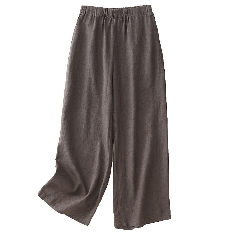 Buddha Stones Wild Plain Damenhose aus Baumwollleinen mit weitem Bein und Taschen