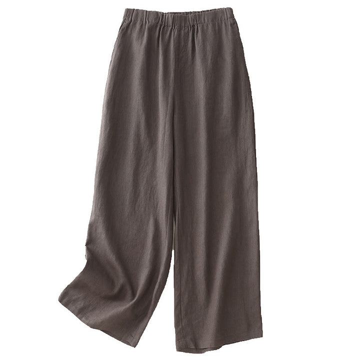 Buddha Stones Wild Plain Damenhose aus Baumwollleinen mit weitem Bein und Taschen