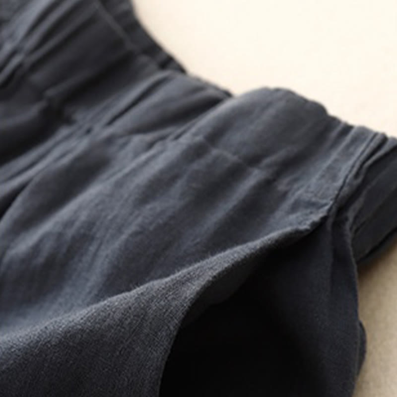 Buddha Stones Wild Plain Damenhose aus Baumwollleinen mit weitem Bein und Taschen